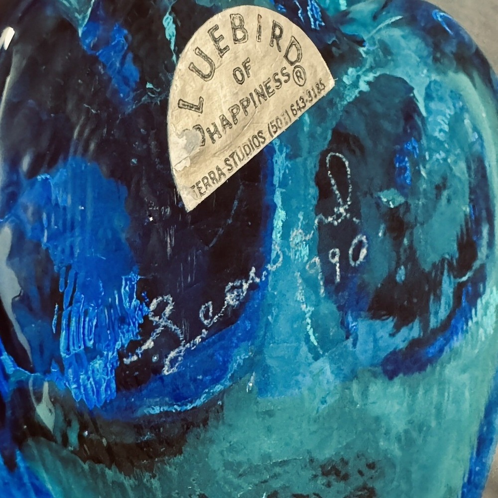 Double Bluebird of Happiness on Heart Cobalt Blue Glass Signed Leo Ward 90 GORG - Picture 5 of 8